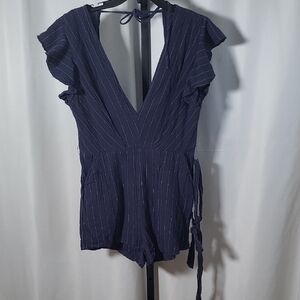 Petal Roz Navy Blue Pinstripe Romper with Flutter Sleeve Tie Waist - SZ L